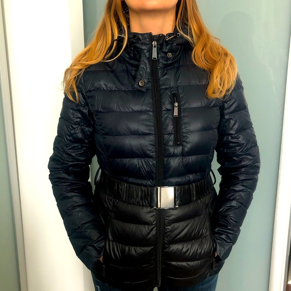 DKNY Foldable Down Hooded Jacket with Buckle - Dark Blue & Black - Picture 1 of 11